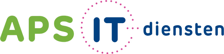 Het logo van APS IT-Diensten. APS in een lichtgroene kleur, en IT-Diensten in een donkerblauwe kleur.