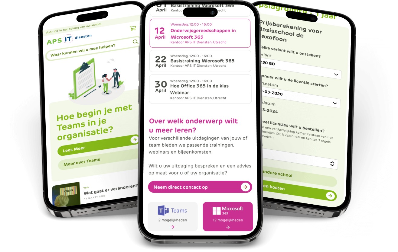 Drie telefoons met daarop drie verschillende screenshots van de APS IT-Diensten website, gemaakt door Aviva Solutions.