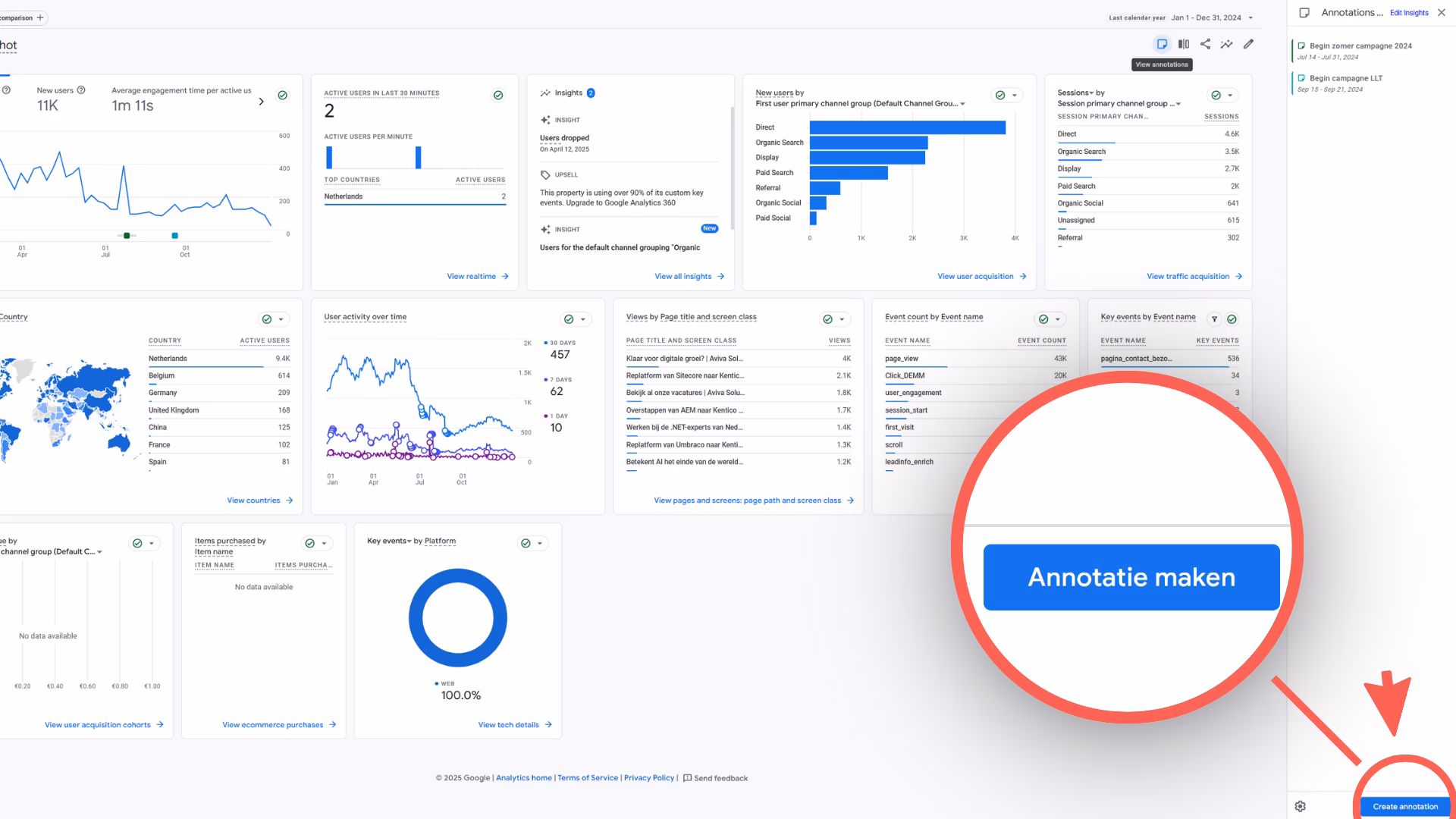 Er is een extra menu verschenen rechts van je dashboard.  Klik op de 'Annotatie maken' knop rechts onderin.