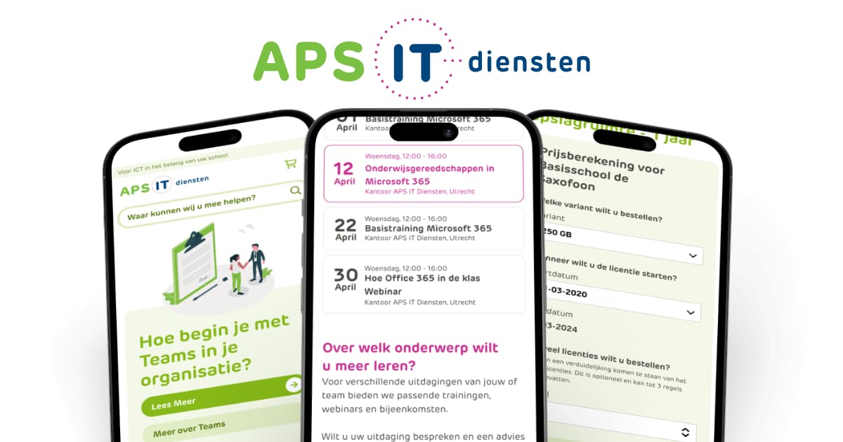 Drie mobiele telefoons met daarop de website van APS IT-Diensten. Daarboven staat het logo van APS IT-Diensten.