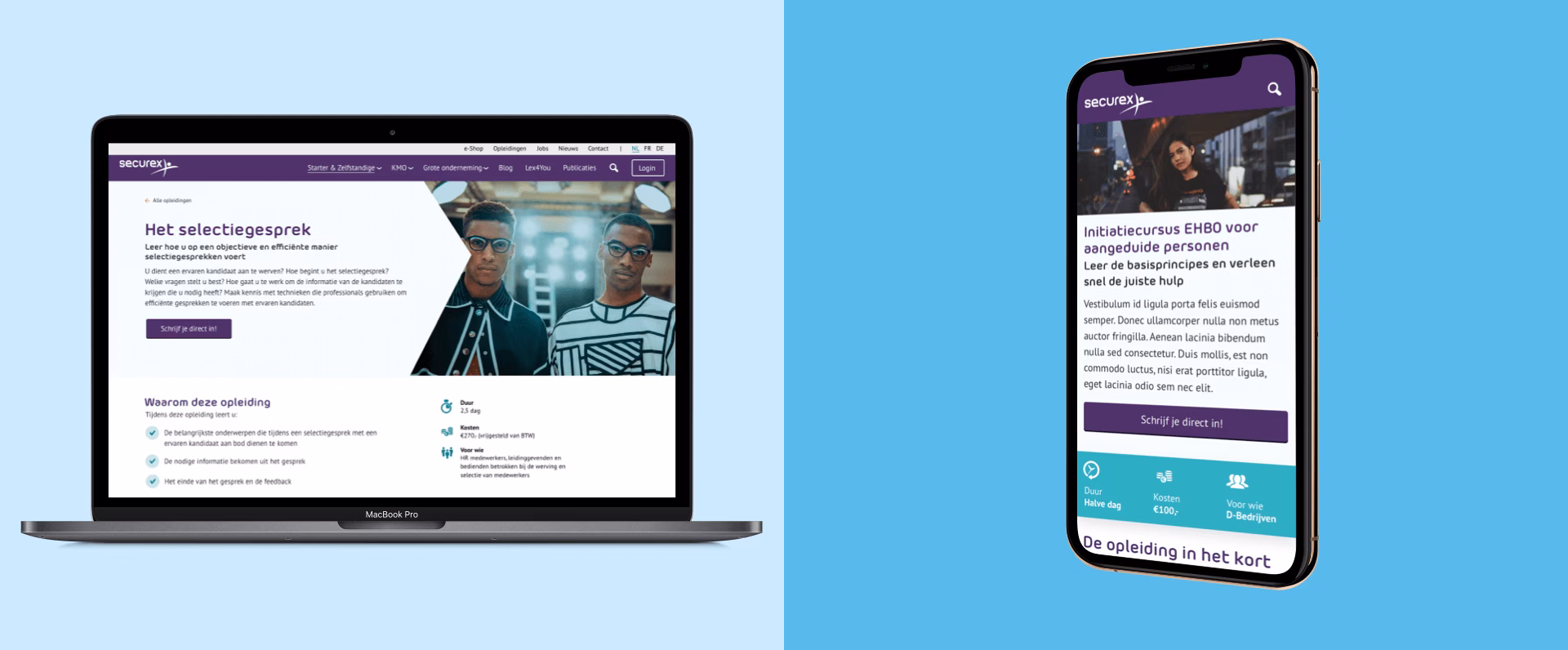 De nieuwe website van Securex, op latop en telefoon