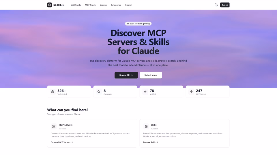 De homepagina van Skillhub.pm, een site om MCP servers en skills te vinden voor Claude.