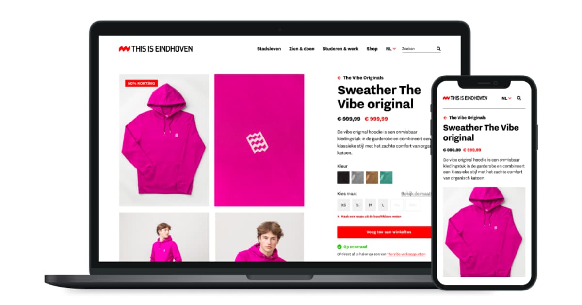 De nieuwe commerce omgeving van de gemeente eindhoven, getoond op een laptop en smartphone.
