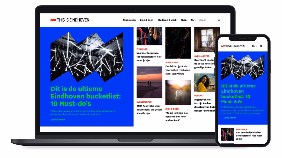 Een laptop en een mobiele telefoon met daarop de tekst "Dit is de ultieme Eindhoven Bucketlist: 10 Must-do's"
