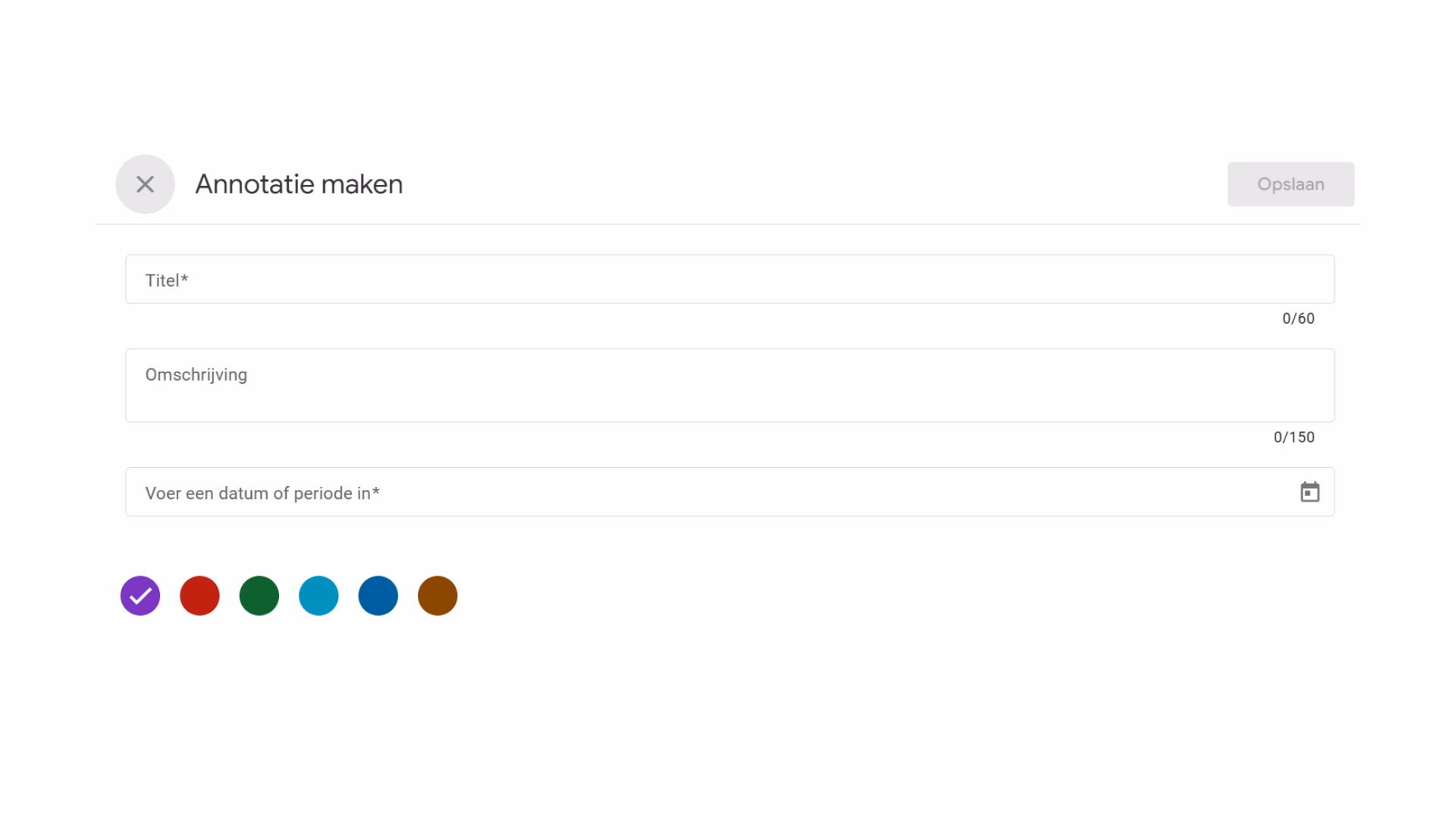 Je krijgt nu een pop-up met een menu om een annotatie te maken. Vul de gegevens in, en klik vervolgens rechts bovenin op 'Opslaan'.