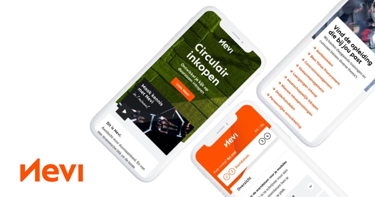 Drie telefoons die daarop de nieuwe website van Nevi tonen.