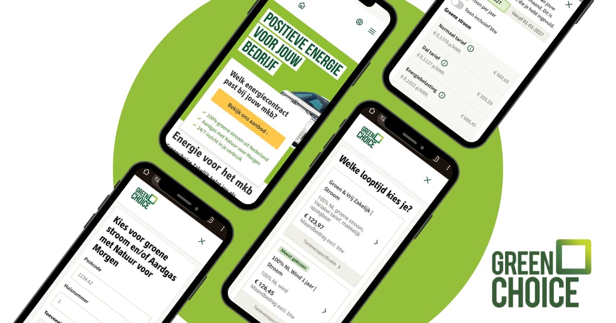 Vier telefoons met daarop de nieuwe MKB funnel van Greenchoice.