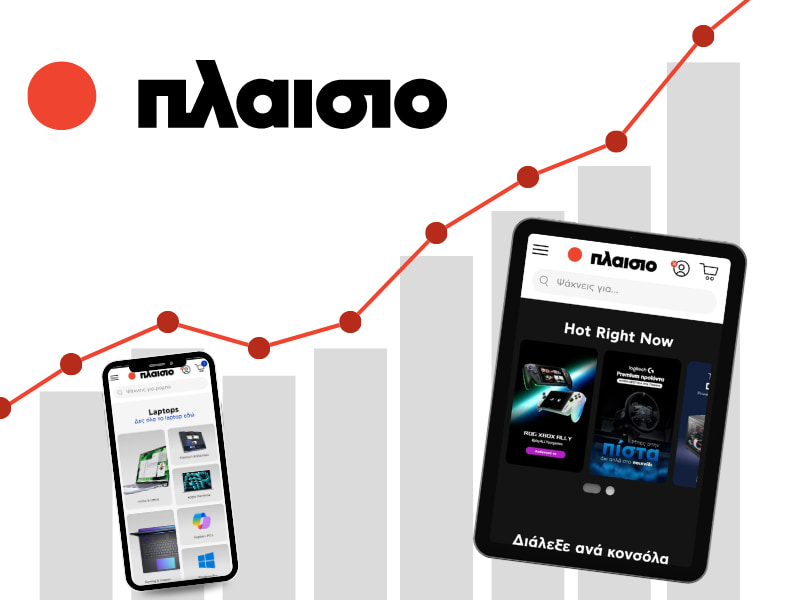 Een illustratie van het Plaisio B2B platform, op een tablet en een mobiele telefoon.