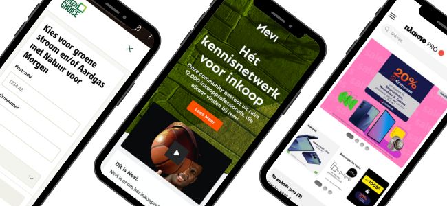 Een afbeelding van drie mobiele telefoons, die elk een project van Aviva Solutions laten zien: de MKB funnel van Greenchoice, de homepagina van Nevi, en het Composable B2B platform van Plaisio.