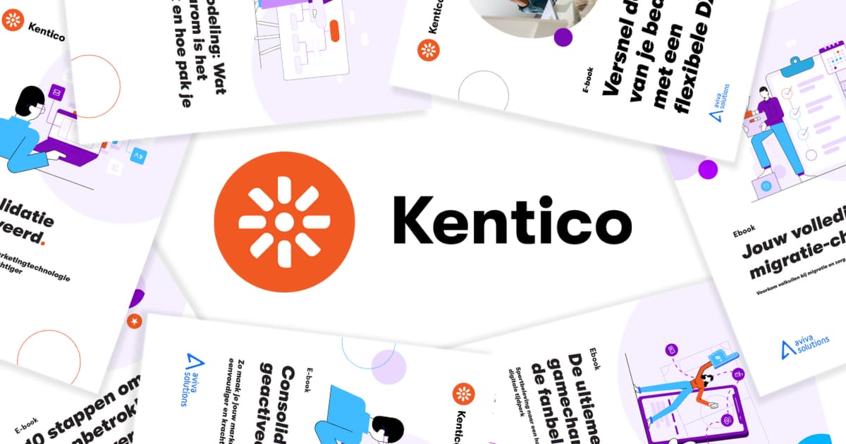 Het logo van Kentico, omsingelt door verschillende eboeken.