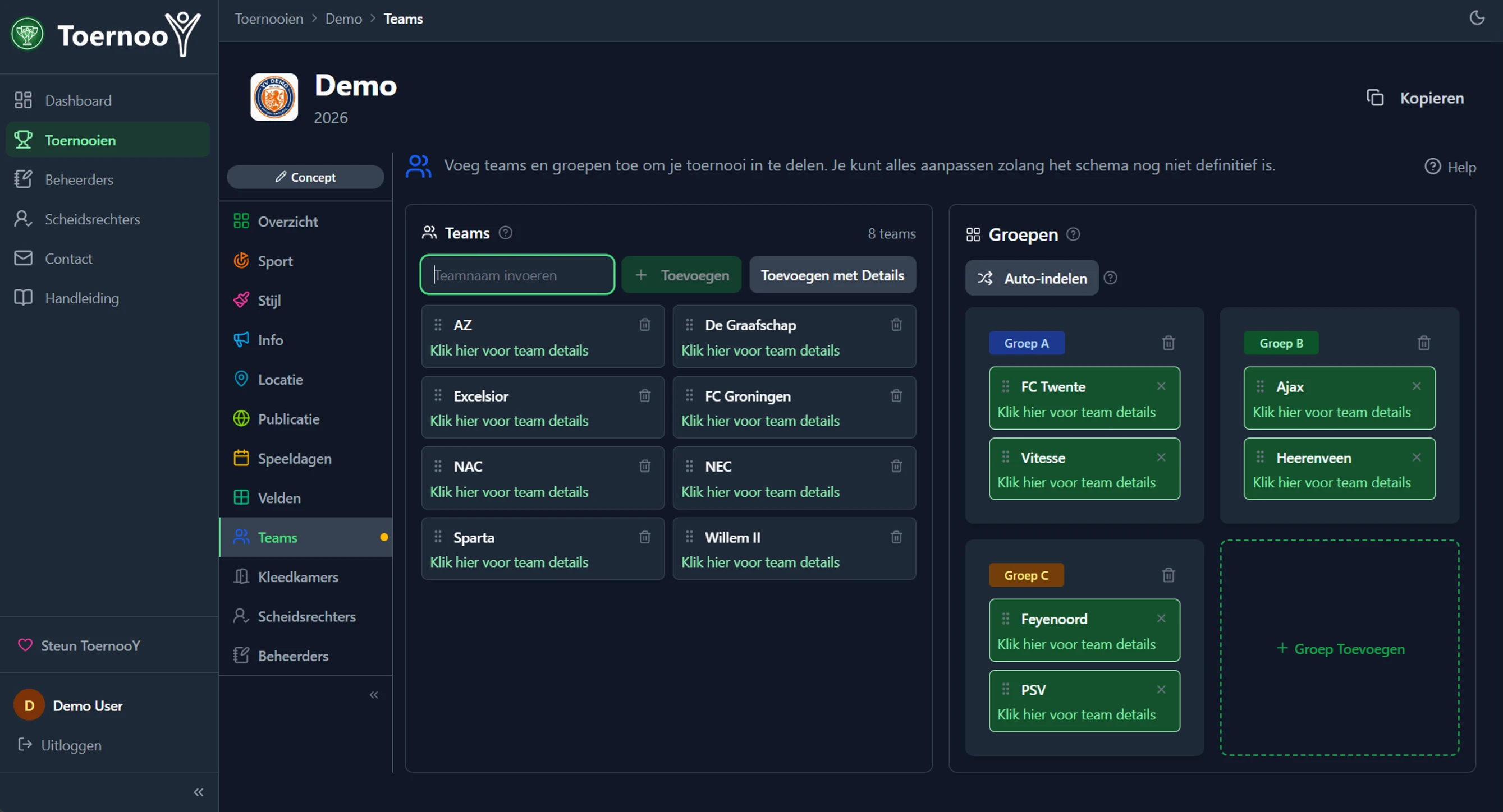 Het dashboard van Toernooi.