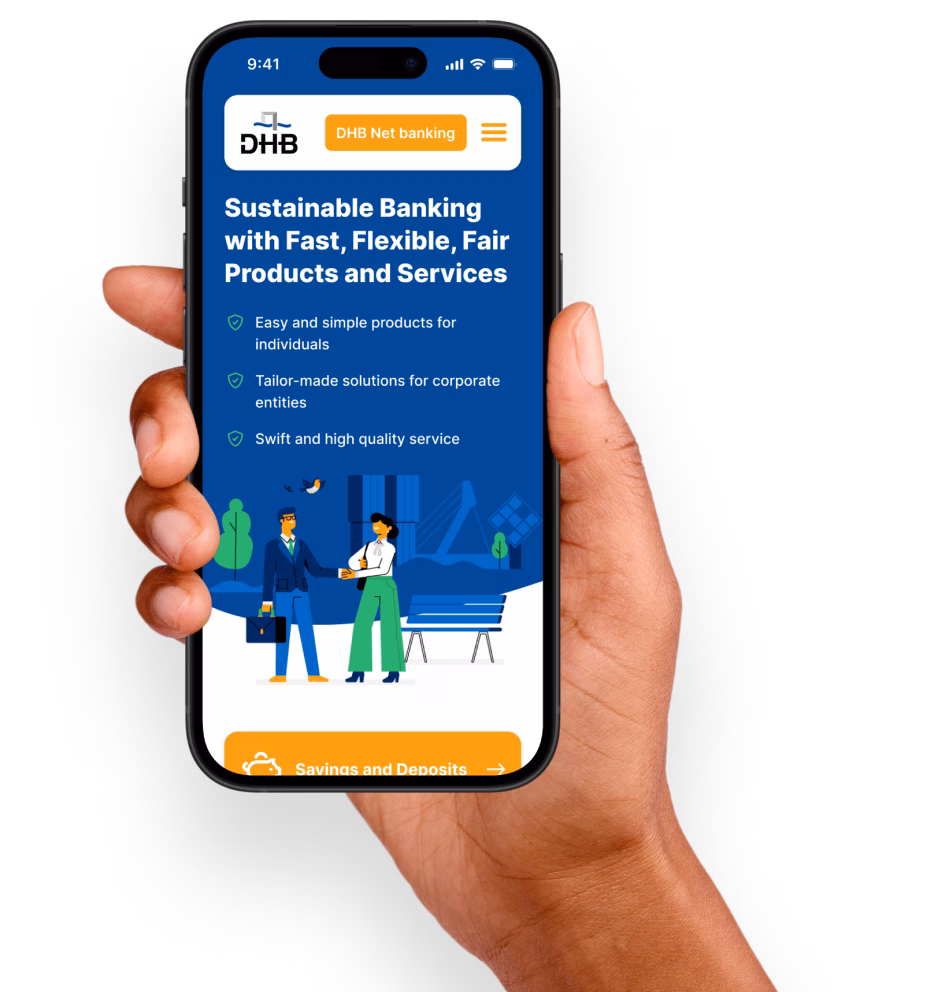 Het homescherm van DHB Bank op mobiel.