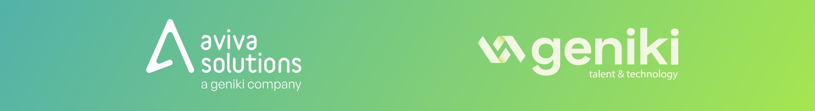 Het logo van Aviva Solutions en het logo van Geniki, op een groengekleurde achtergrond.